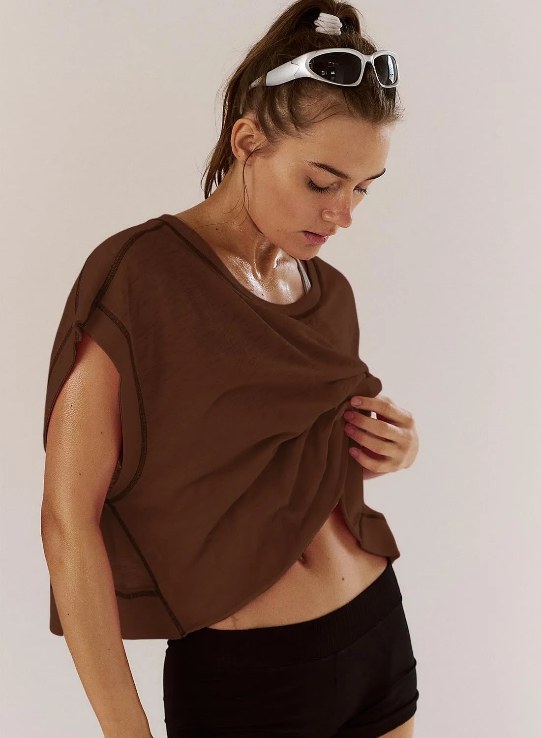 Women Short Sleeve Workout Shirts Open Back Tops Casual Yoga Y2k Athletic Gym Slouchy Crop Running Tees