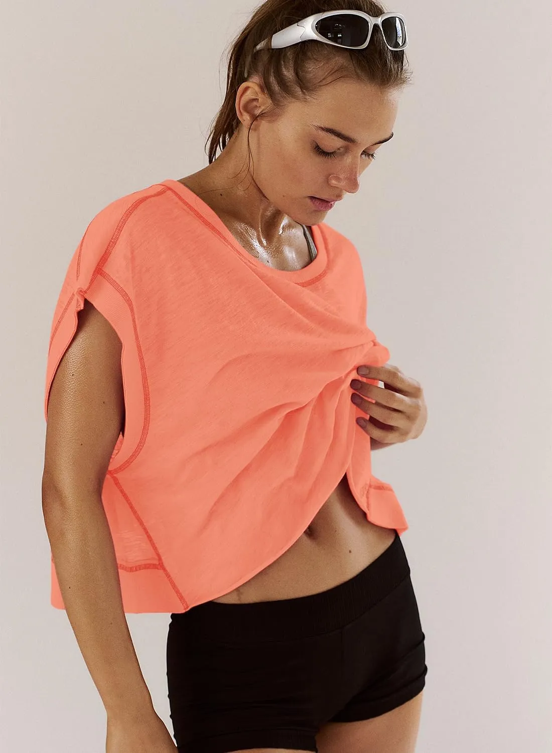 Women Short Sleeve Workout Shirts Open Back Tops Casual Yoga Y2k Athletic Gym Slouchy Crop Running Tees