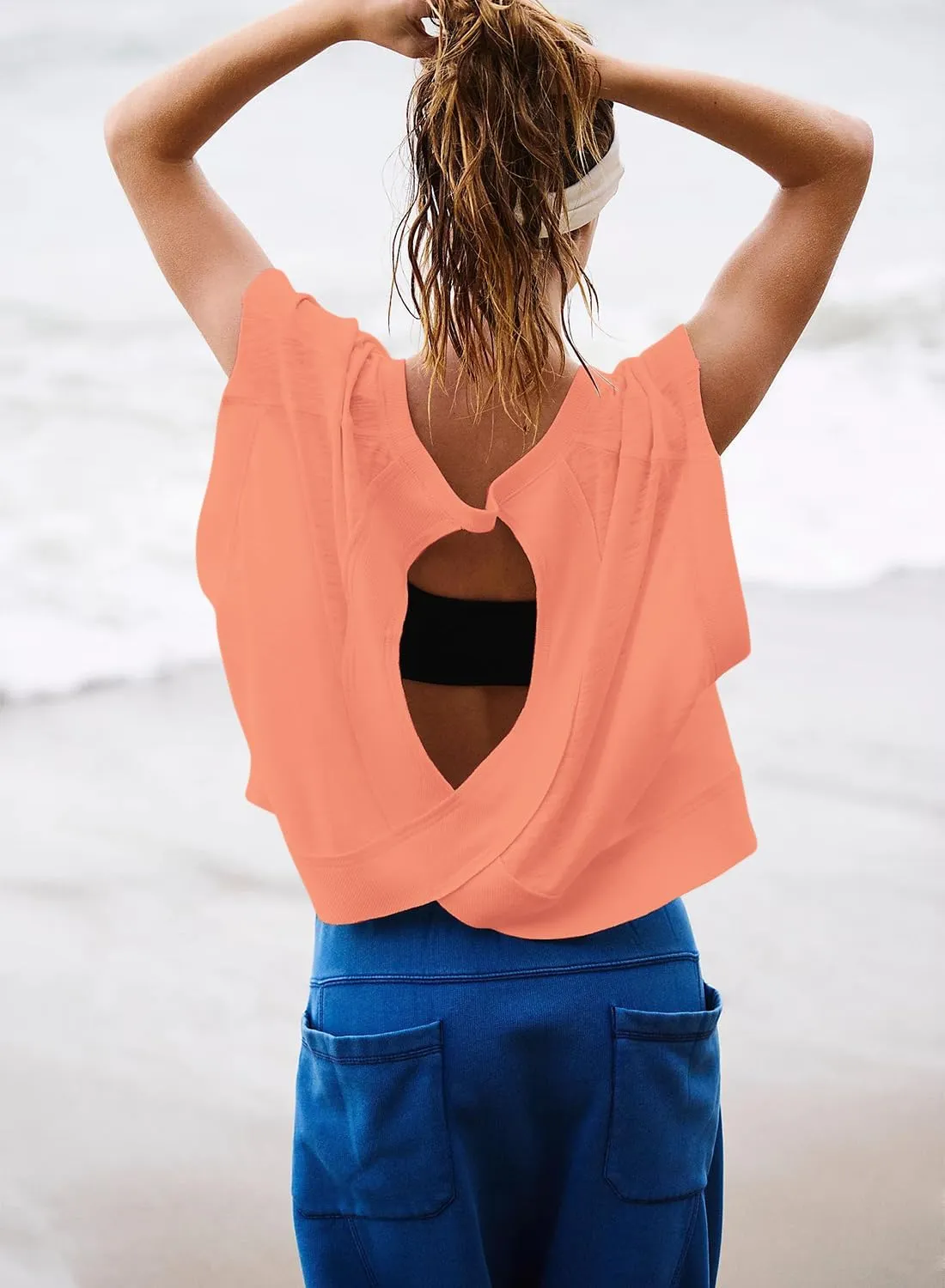 Women Short Sleeve Workout Shirts Open Back Tops Casual Yoga Y2k Athletic Gym Slouchy Crop Running Tees