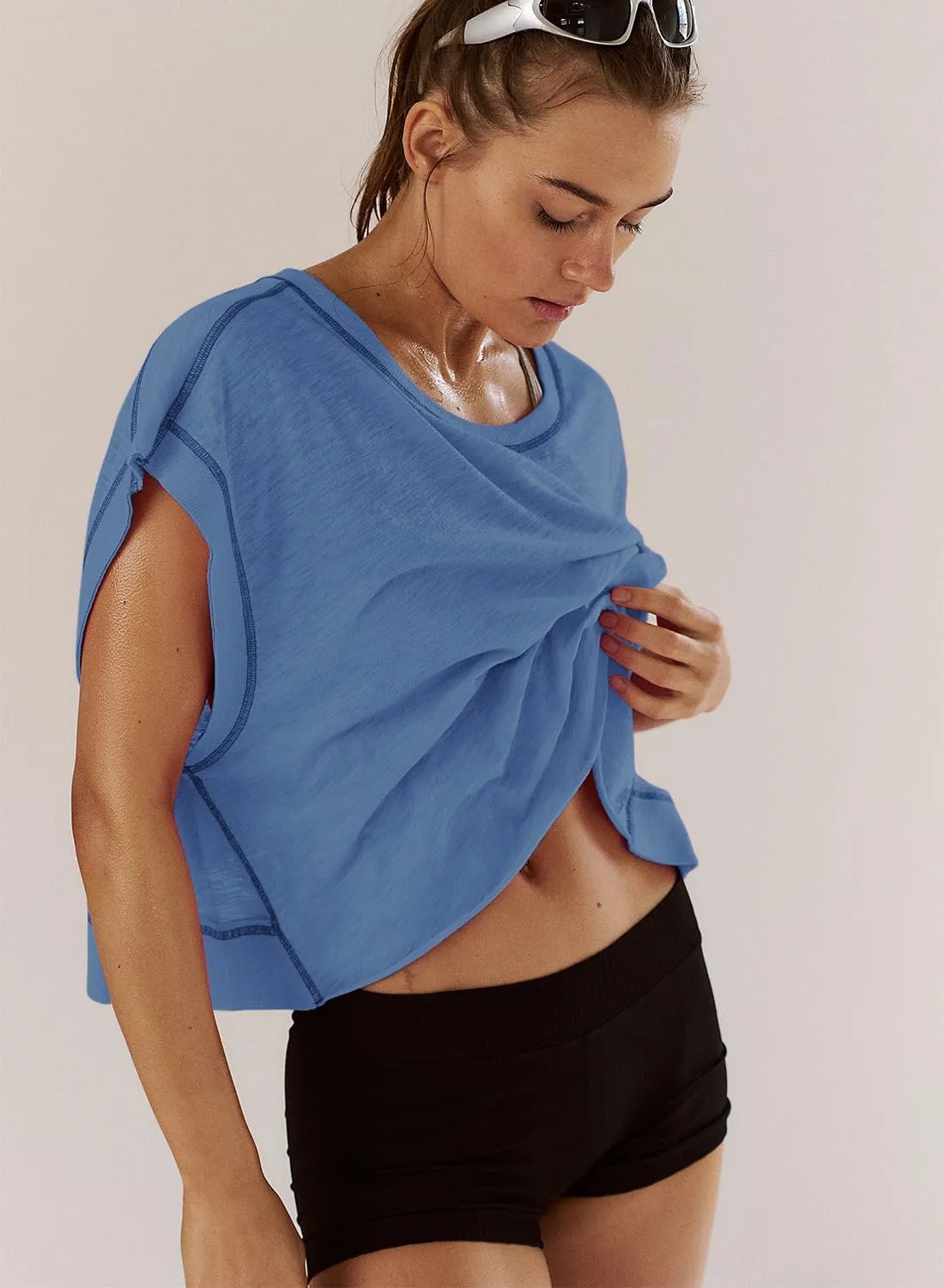 Women Short Sleeve Workout Shirts Open Back Tops Casual Yoga Y2k Athletic Gym Slouchy Crop Running Tees