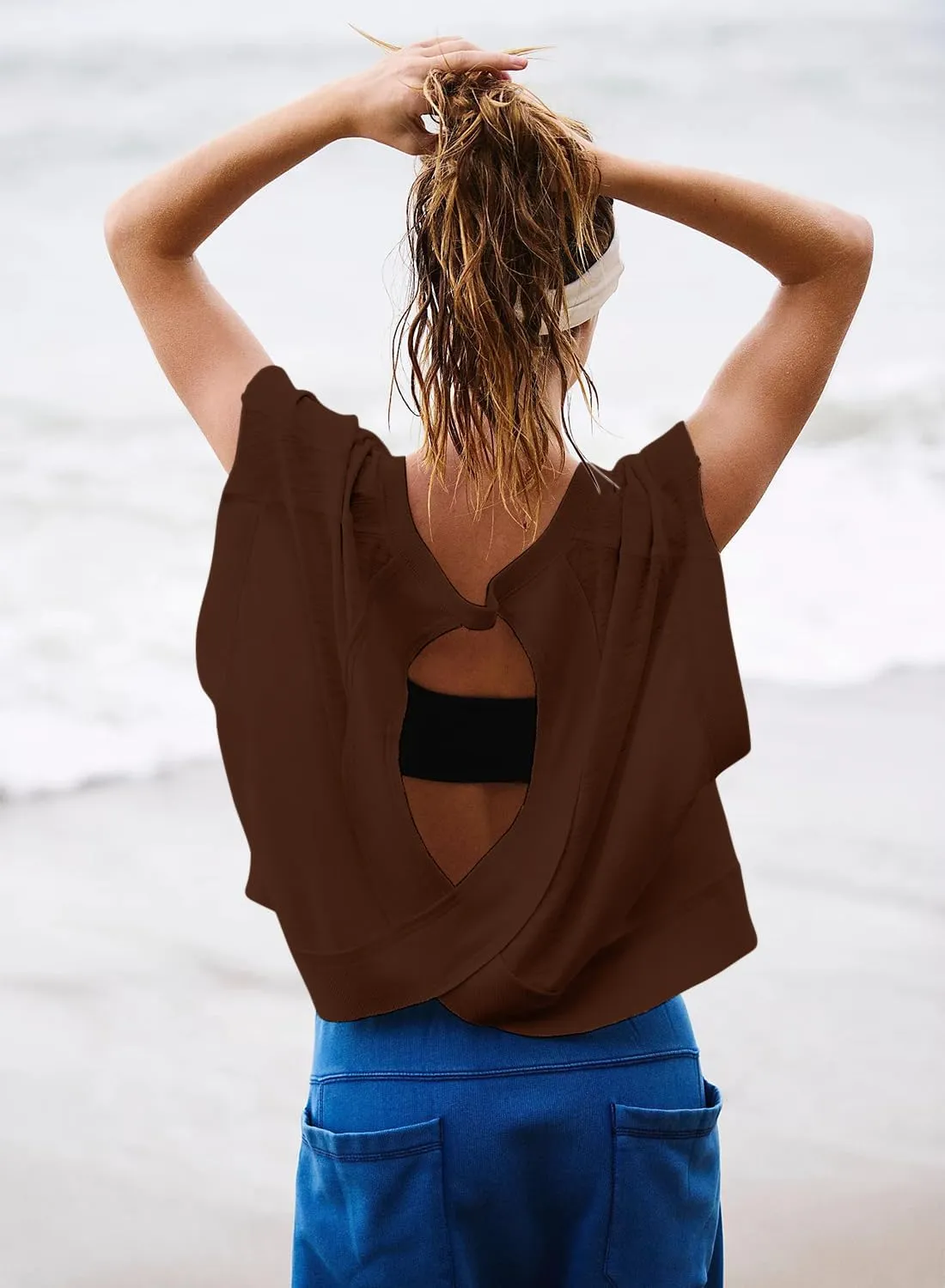Women Short Sleeve Workout Shirts Open Back Tops Casual Yoga Y2k Athletic Gym Slouchy Crop Running Tees