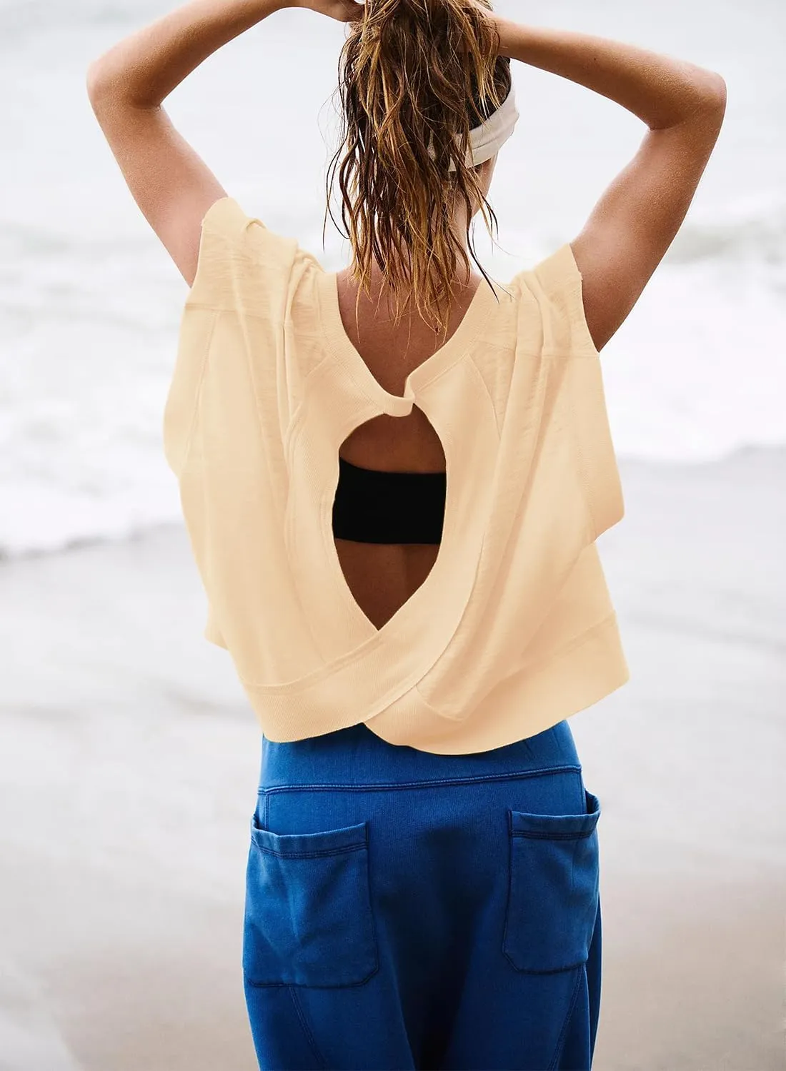 Women Short Sleeve Workout Shirts Open Back Tops Casual Yoga Y2k Athletic Gym Slouchy Crop Running Tees