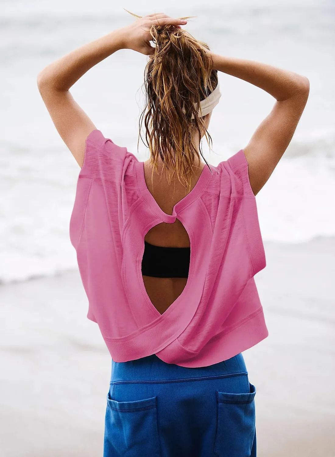 Women Short Sleeve Workout Shirts Open Back Tops Casual Yoga Y2k Athletic Gym Slouchy Crop Running Tees