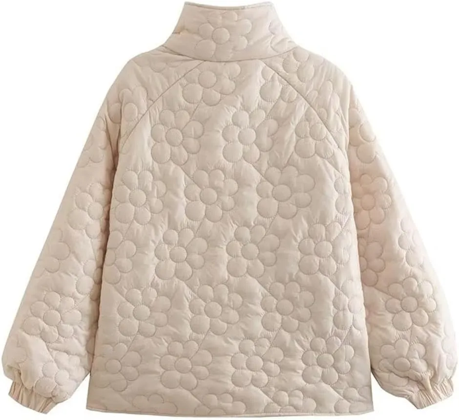 Women Stand Collar Flower Pattern Cotton Padded Jacket Coat Female Pockets Outerwear Button Tops