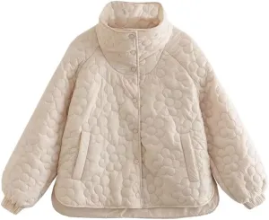 Women Stand Collar Flower Pattern Cotton Padded Jacket Coat Female Pockets Outerwear Button Tops