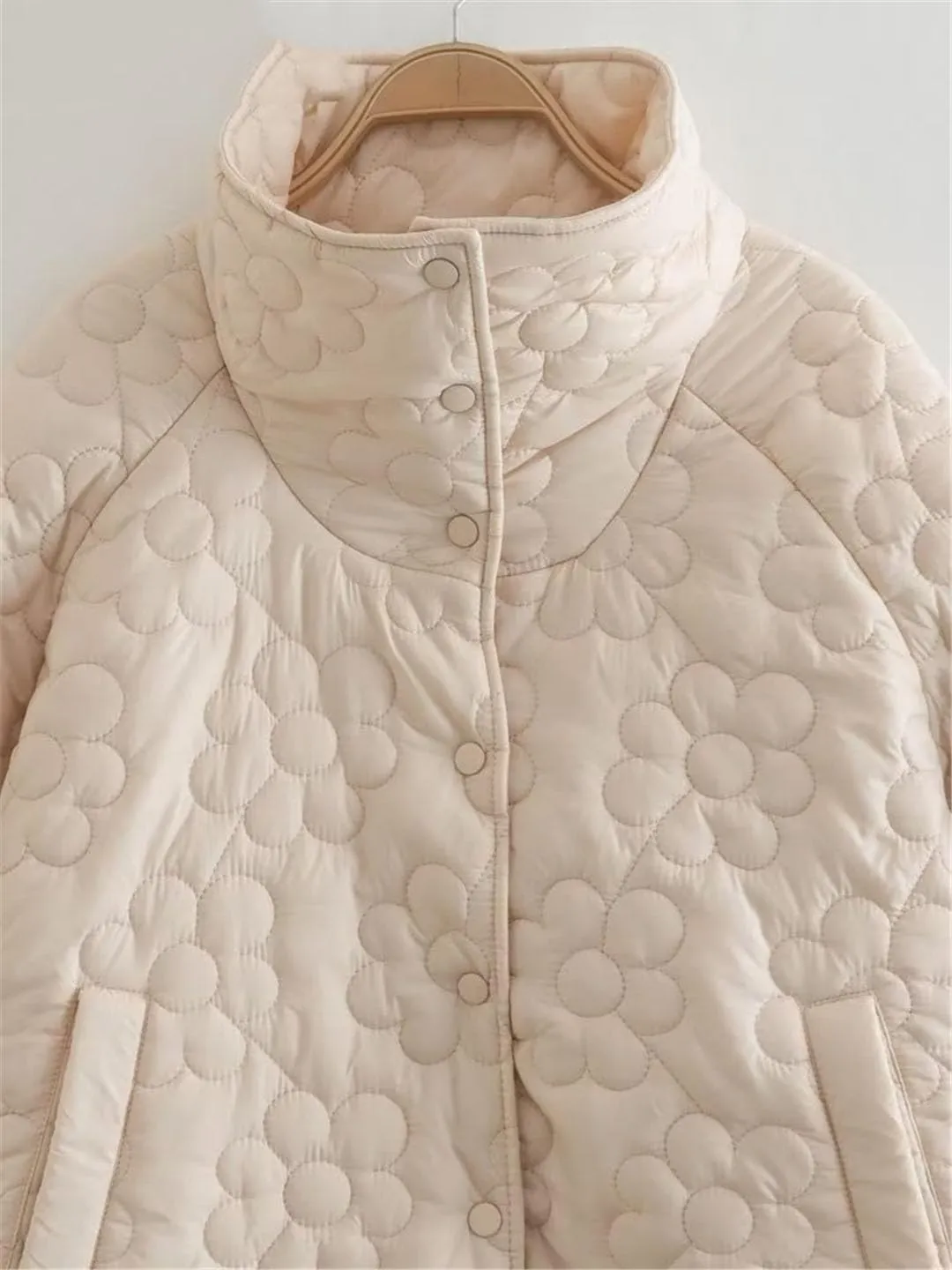 Women Stand Collar Flower Pattern Cotton Padded Jacket Coat Female Pockets Outerwear Button Tops