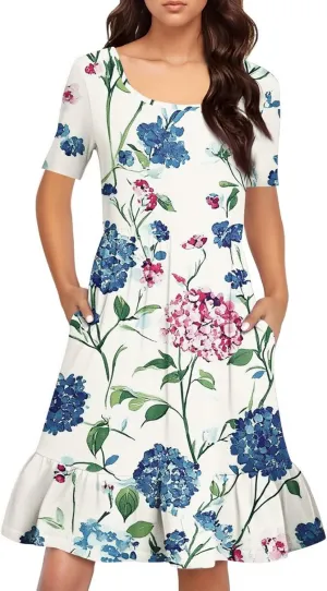 Women Summer Short Sleeve Dress Floral Printed Pleated Swing Knee Length Dresses Ruffle Hem Cocktail Party Dress