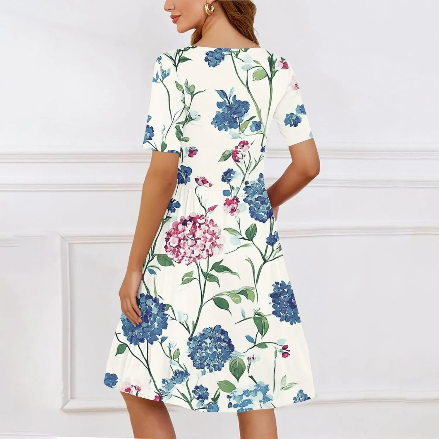 Women Summer Short Sleeve Dress Floral Printed Pleated Swing Knee Length Dresses Ruffle Hem Cocktail Party Dress