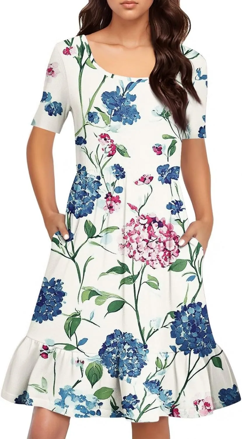 Women Summer Short Sleeve Dress Floral Printed Pleated Swing Knee Length Dresses Ruffle Hem Cocktail Party Dress
