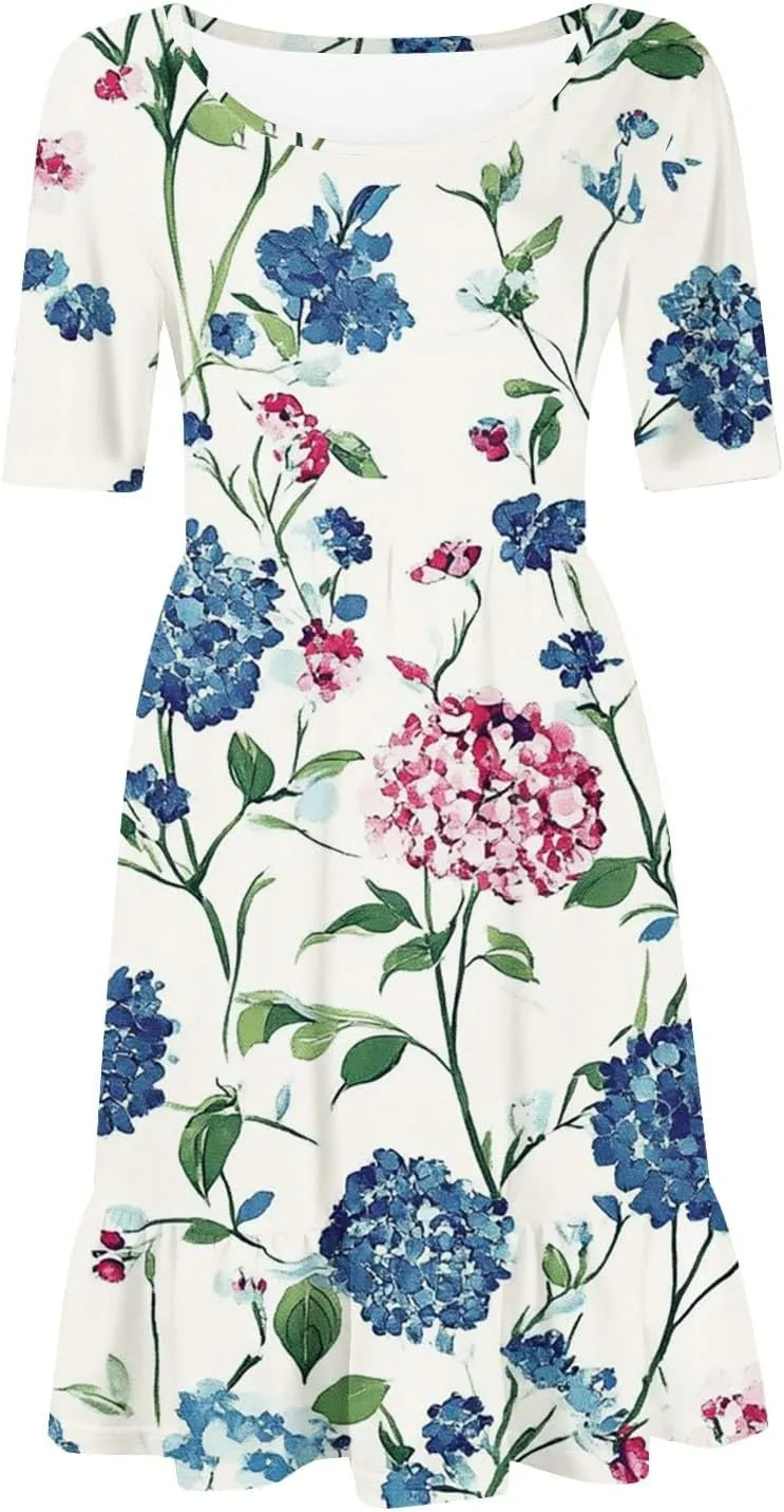 Women Summer Short Sleeve Dress Floral Printed Pleated Swing Knee Length Dresses Ruffle Hem Cocktail Party Dress