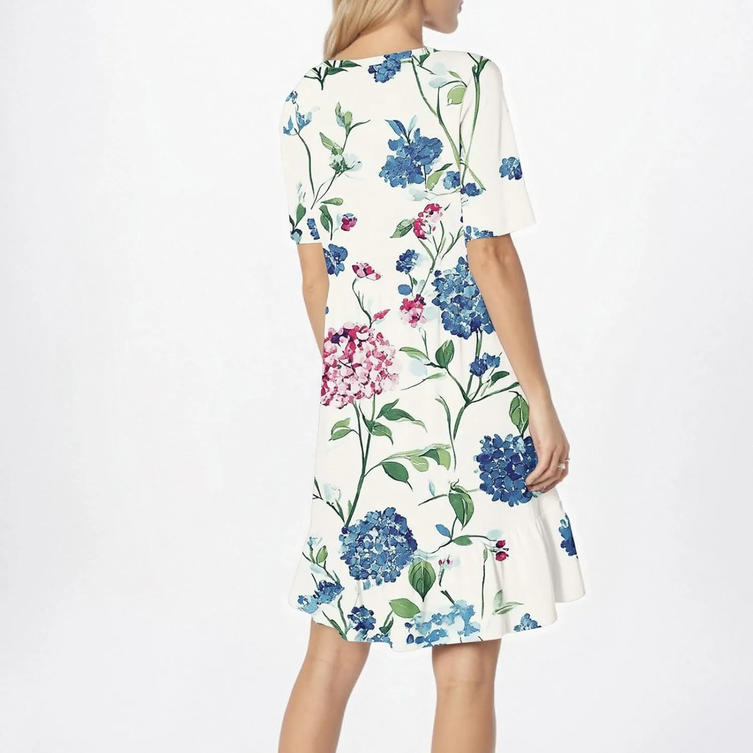 Women Summer Short Sleeve Dress Floral Printed Pleated Swing Knee Length Dresses Ruffle Hem Cocktail Party Dress