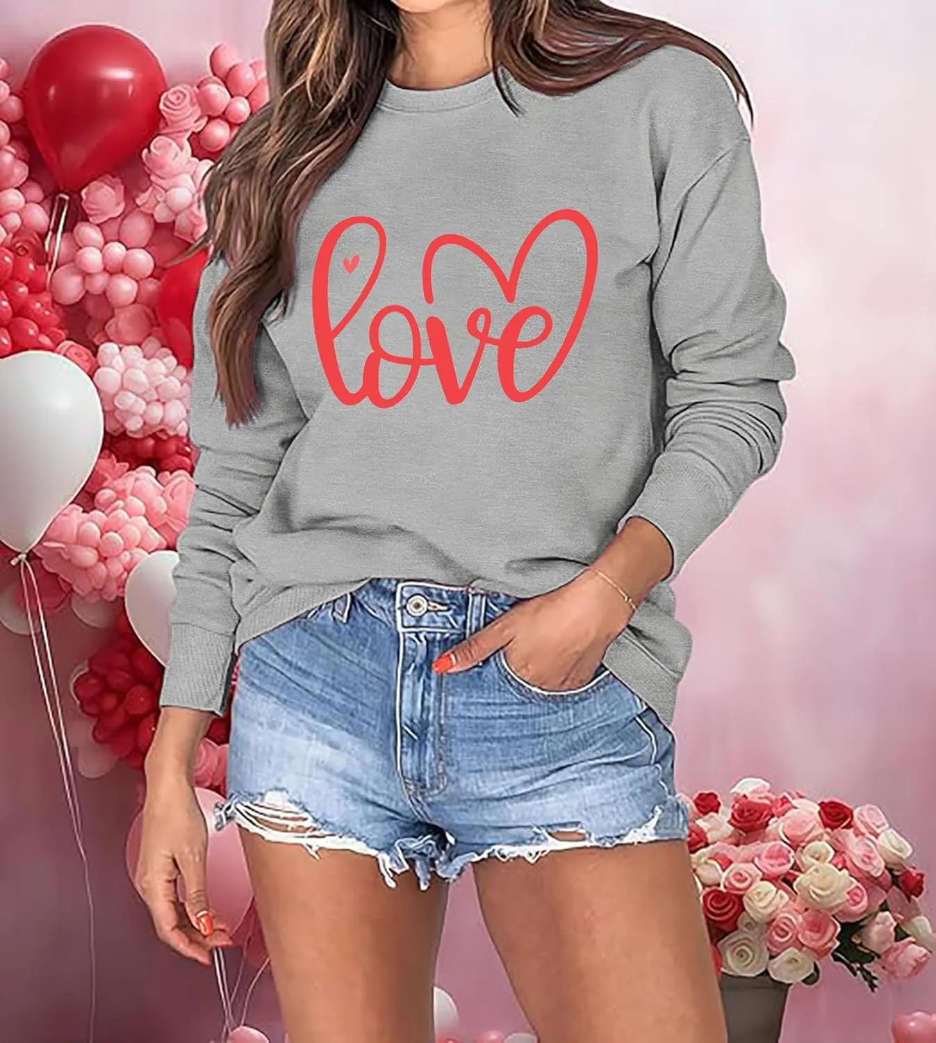 Women Valentines Sweatshirt Love Heart Graphic Print Shirts Valentines Day Shirt Vintage Pullover Tops