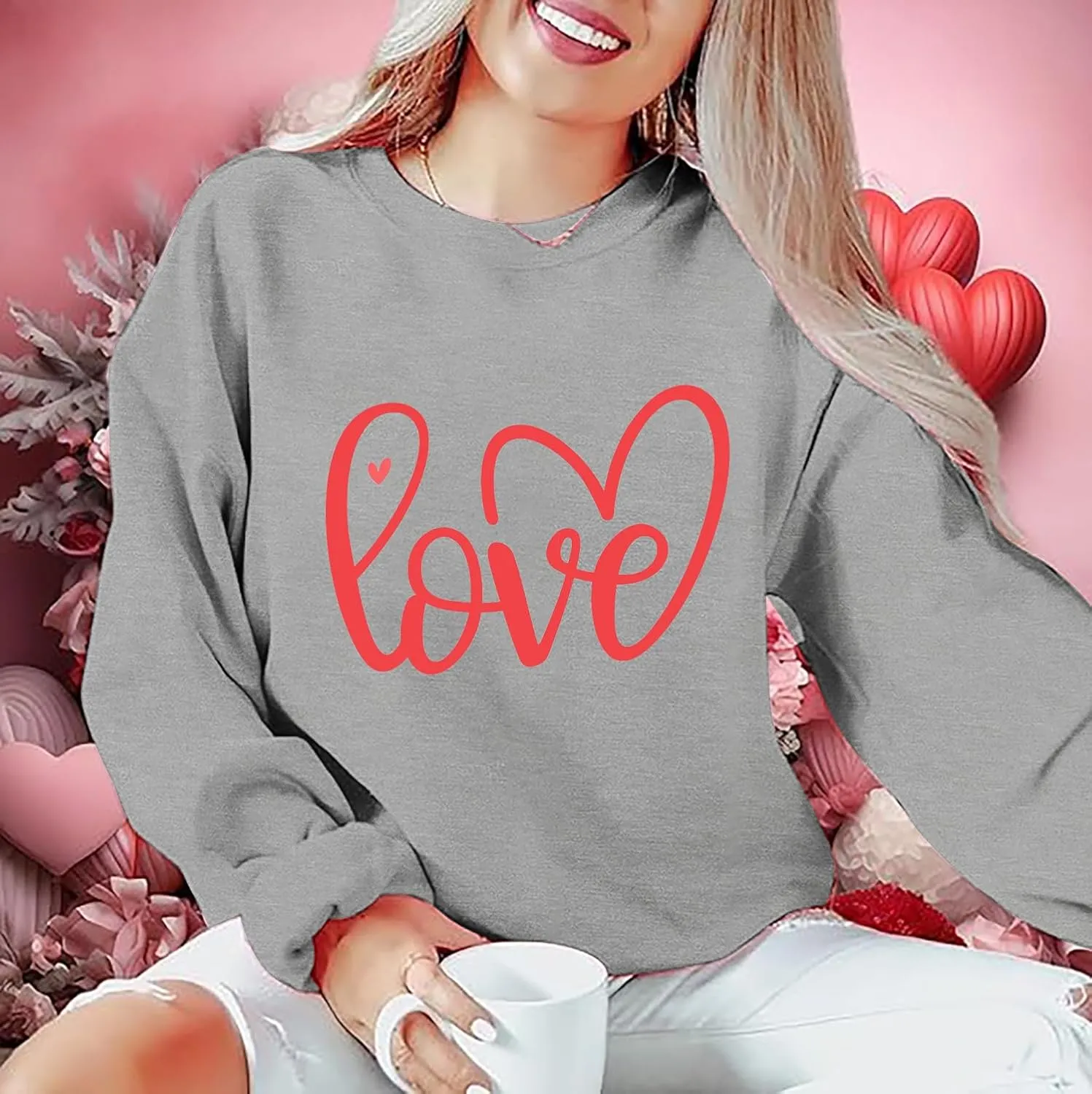 Women Valentines Sweatshirt Love Heart Graphic Print Shirts Valentines Day Shirt Vintage Pullover Tops