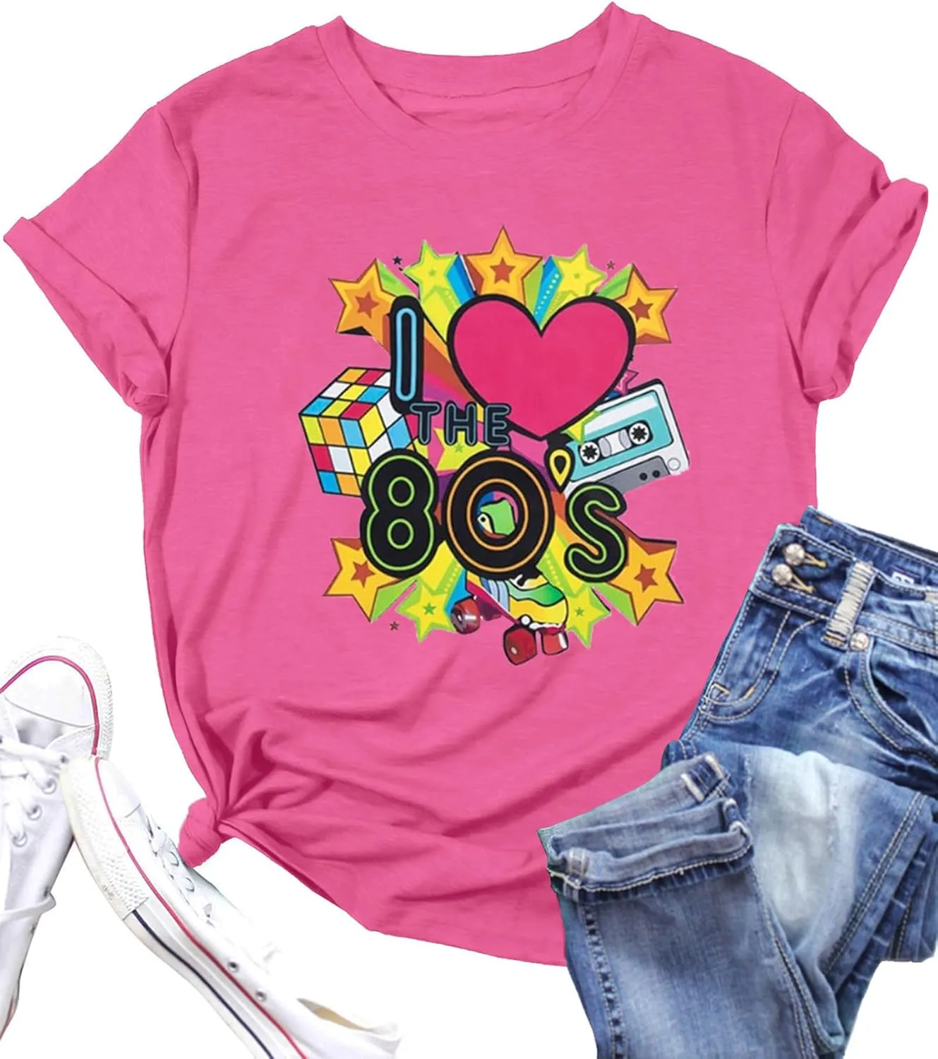 Women Vintage 80s Shirts I Love The 80's Graphic Tshirt Neon 80s Theme Party Birthday Retro Outfits Short Sleeve Tee Tops
