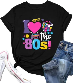 Women Vintage 80s Shirts I Love The 80's Graphic Tshirt Neon 80s Theme Party Birthday Retro Outfits Short Sleeve Tee Tops