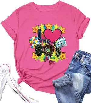 Women Vintage 80s Shirts I Love The 80's Graphic Tshirt Neon 80s Theme Party Birthday Retro Outfits Short Sleeve Tee Tops