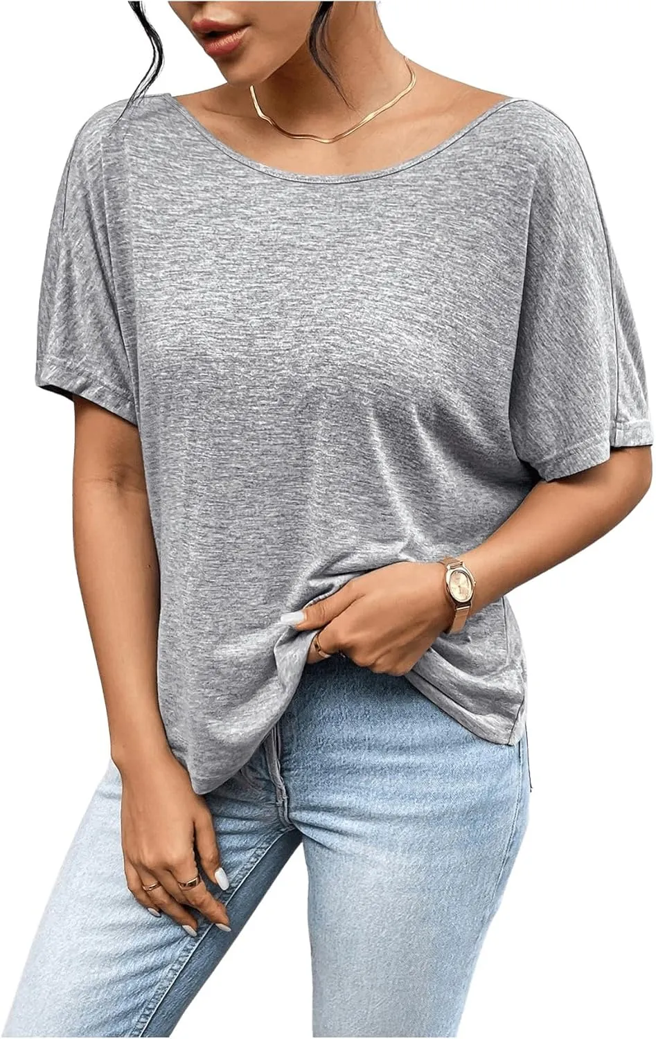 Women's Backless Twist Knot T Shirt Oversized Solid Short Sleeve Tees Open Back Asymmetrical Hem Casual Tops