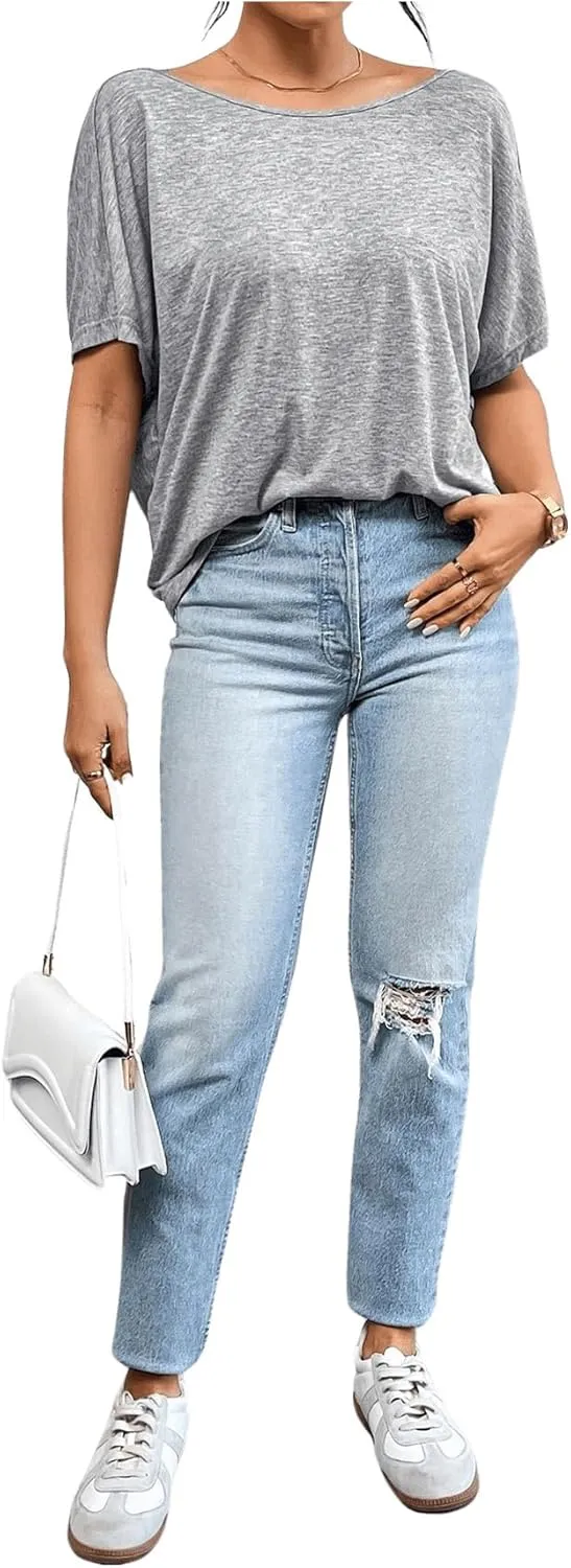 Women's Backless Twist Knot T Shirt Oversized Solid Short Sleeve Tees Open Back Asymmetrical Hem Casual Tops