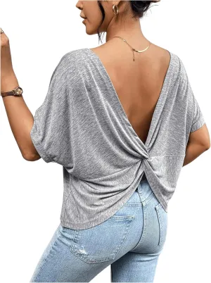 Women's Backless Twist Knot T Shirt Oversized Solid Short Sleeve Tees Open Back Asymmetrical Hem Casual Tops