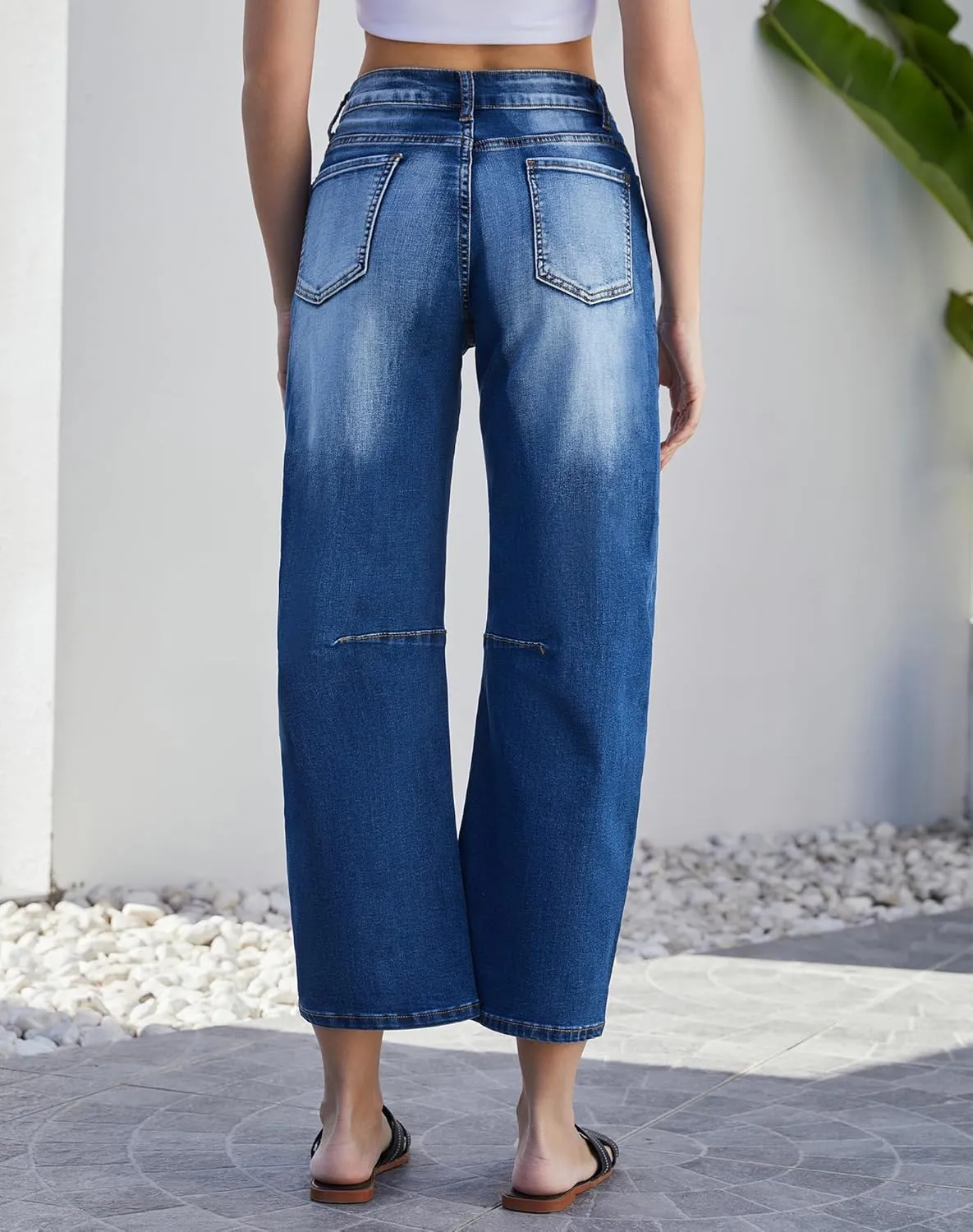 Womens Barrel Jeans High Waisted Ankle Horseshoe Stretchy Ankle Denim Pants