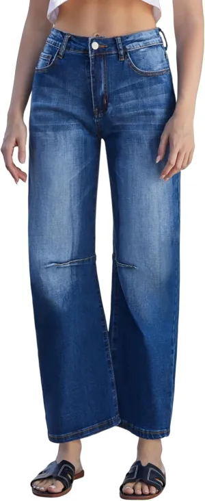 Womens Barrel Jeans High Waisted Ankle Horseshoe Stretchy Ankle Denim Pants