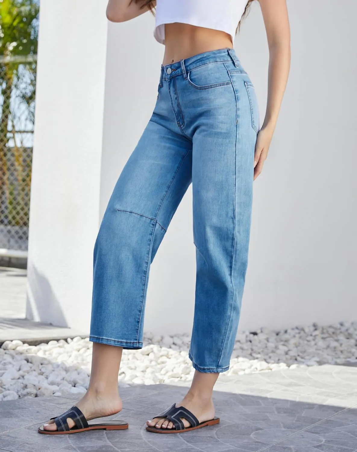 Womens Barrel Jeans High Waisted Ankle Horseshoe Stretchy Ankle Denim Pants