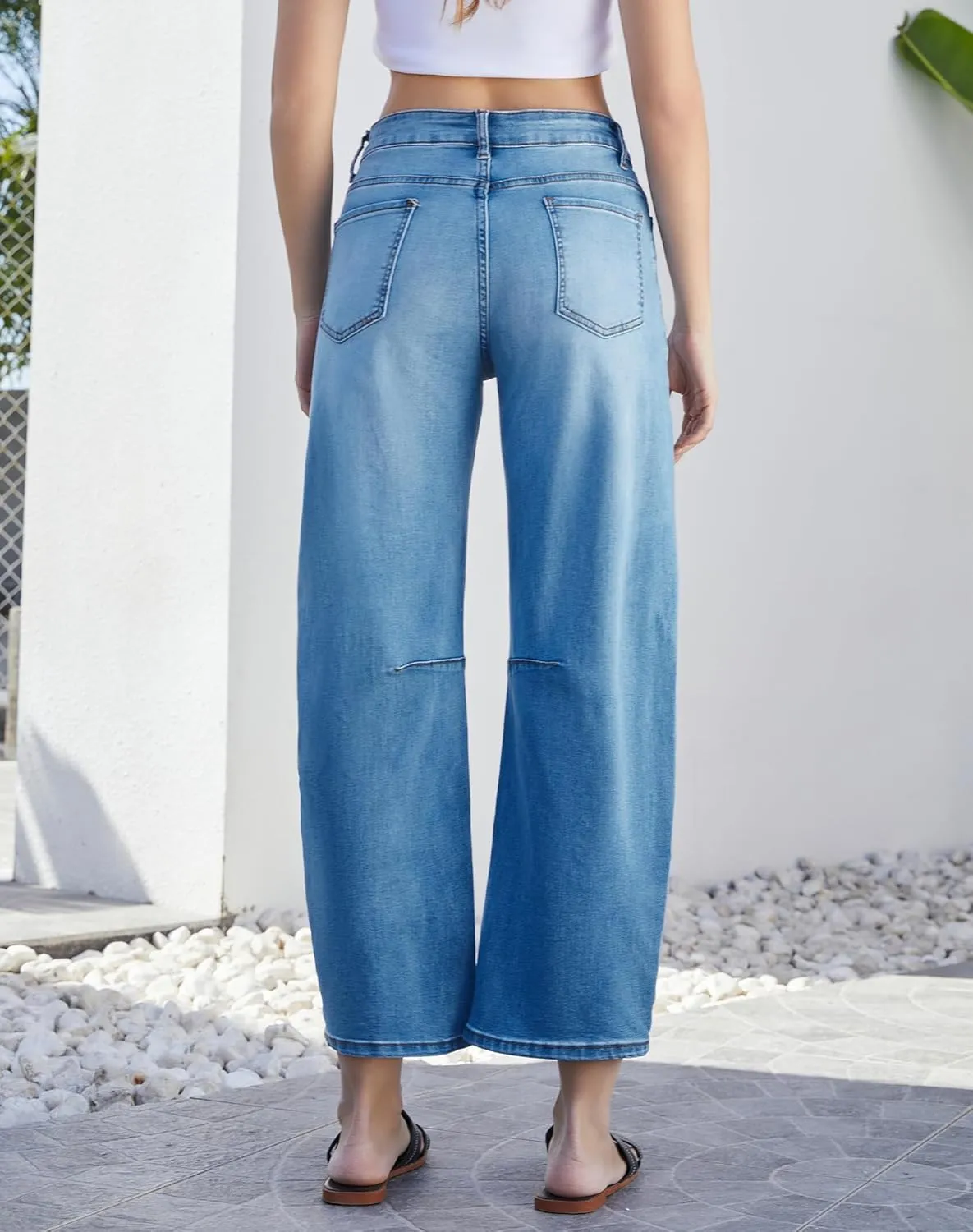 Womens Barrel Jeans High Waisted Ankle Horseshoe Stretchy Ankle Denim Pants