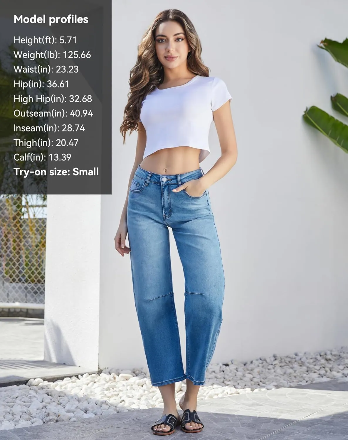 Womens Barrel Jeans High Waisted Ankle Horseshoe Stretchy Ankle Denim Pants