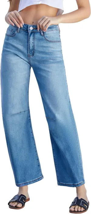 Womens Barrel Jeans High Waisted Ankle Horseshoe Stretchy Ankle Denim Pants