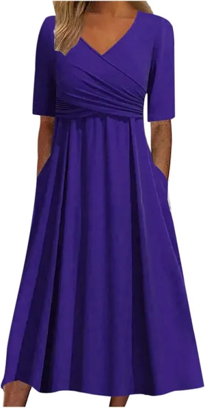 Women's Boho Floral Flowy A Line Midi Dress Casual Loose Summer Short Sleeve Beach Vacation Dresses with Pockets, XX-Large, Zd-purple
