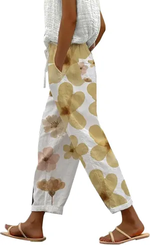 Women's Boho Floral Print Cotton Linen Casual Pants Summer High Waisted Baggy Beach Trousers with Pockets Plus Size