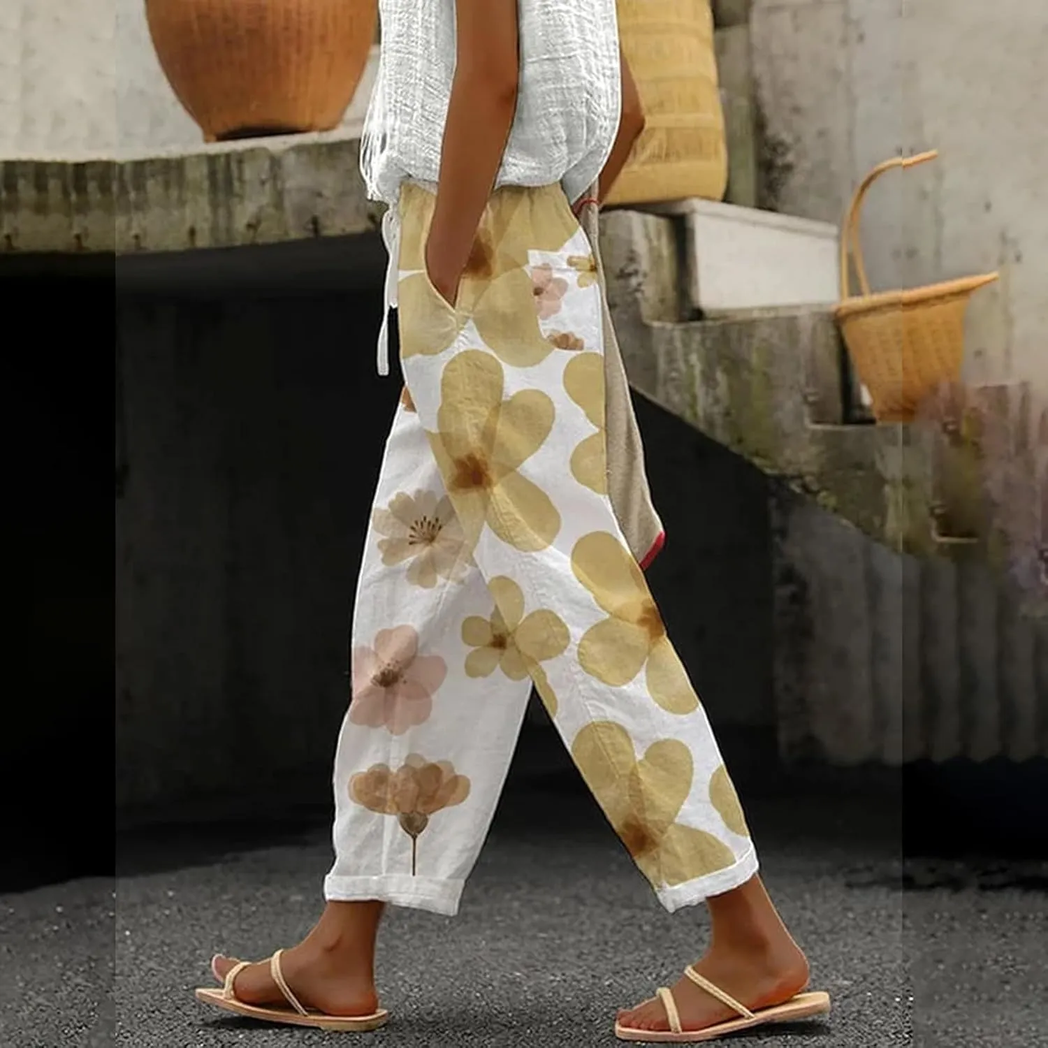 Women's Boho Floral Print Cotton Linen Casual Pants Summer High Waisted Baggy Beach Trousers with Pockets Plus Size
