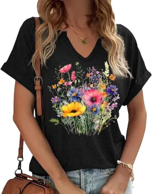Women's Boho Flower V Neck T Shirt Summer Vintage Flowers Printed Shirt Colorful Wildflower Casual Casual Botanical Tops Tee