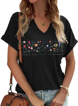 Women's Boho Flower V Neck T Shirt Summer Vintage Flowers Printed Shirt Colorful Wildflower Casual Casual Botanical Tops Tee