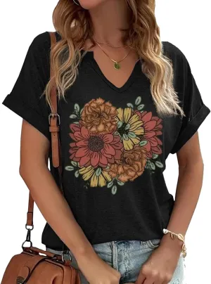 Women's Boho Flower V Neck T Shirt Summer Vintage Flowers Printed Shirt Colorful Wildflower Casual Casual Botanical Tops Tee