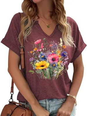 Women's Boho Flower V Neck T Shirt Summer Vintage Flowers Printed Shirt Colorful Wildflower Casual Casual Botanical Tops Tee