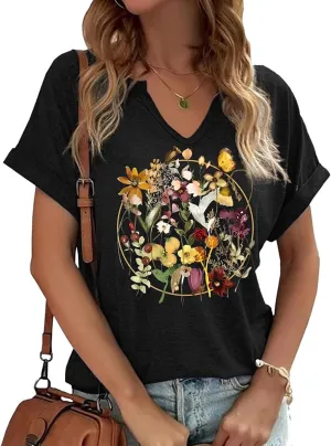 Women's Boho Flower V Neck T Shirt Summer Vintage Flowers Printed Shirt Colorful Wildflower Casual Casual Botanical Tops Tee