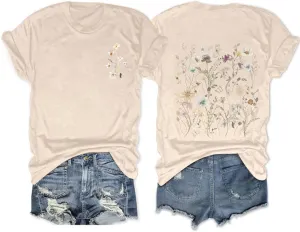 Women's Botanical Flowers Graphic Shirts Boho Wildflowers Tshirts Floral Print Casual Short Sleeve Tees Tops