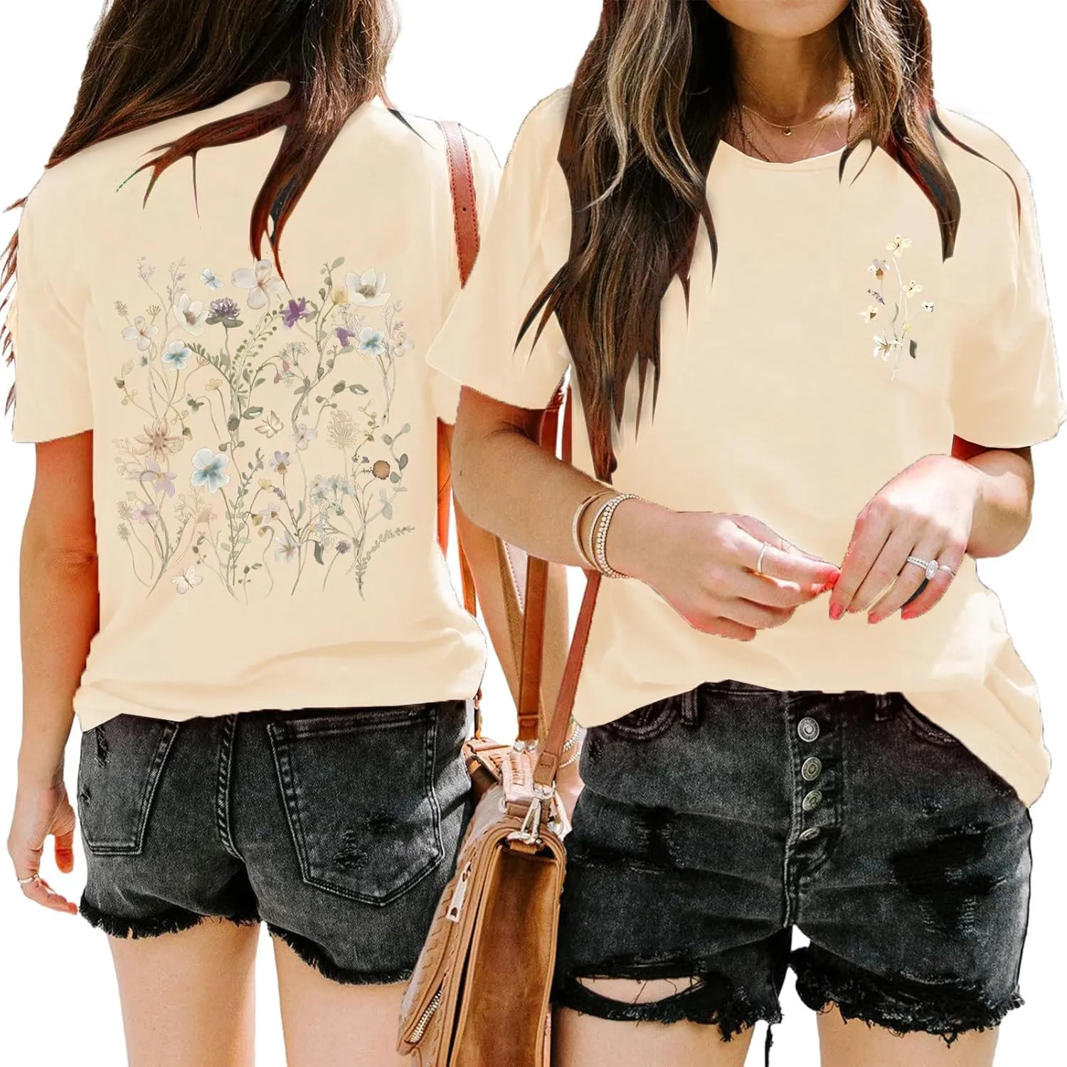 Women's Botanical Flowers Graphic Shirts Boho Wildflowers Tshirts Floral Print Casual Short Sleeve Tees Tops