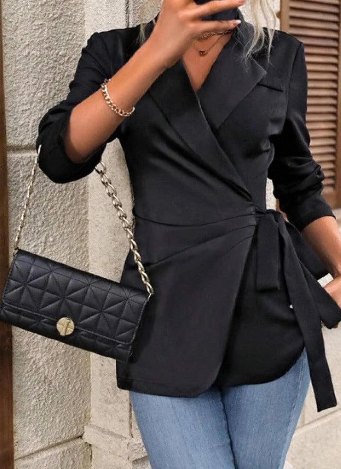 Women's Casual Black Plain Belted Blazer Lapel Long Sleeve Work Office Wrap Blazer Jackets