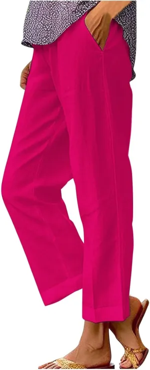 Women's Casual Boho Cotton Linen Pants Elastic Waisted Drawstring Straight Leg Summer Beach Baggy Capri with Pockets