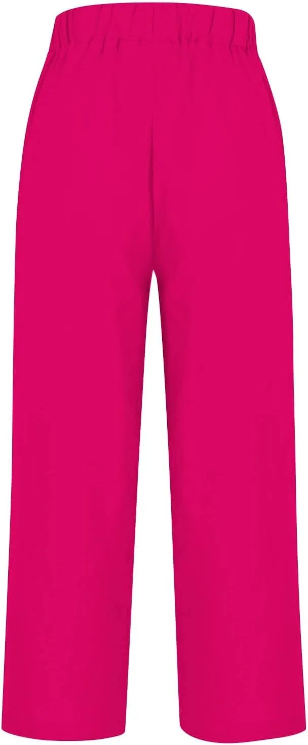 Women's Casual Boho Cotton Linen Pants Elastic Waisted Drawstring Straight Leg Summer Beach Baggy Capri with Pockets