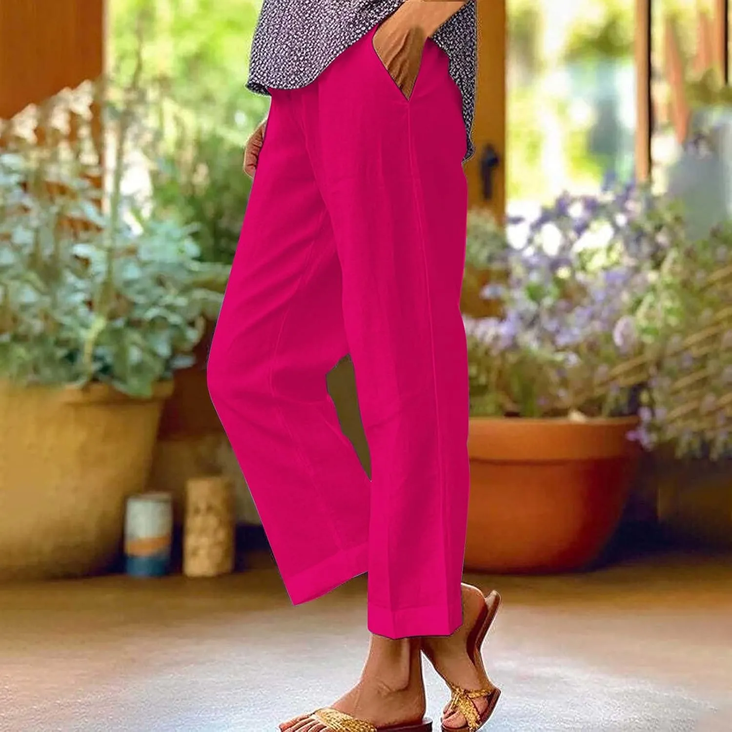 Women's Casual Boho Cotton Linen Pants Elastic Waisted Drawstring Straight Leg Summer Beach Baggy Capri with Pockets