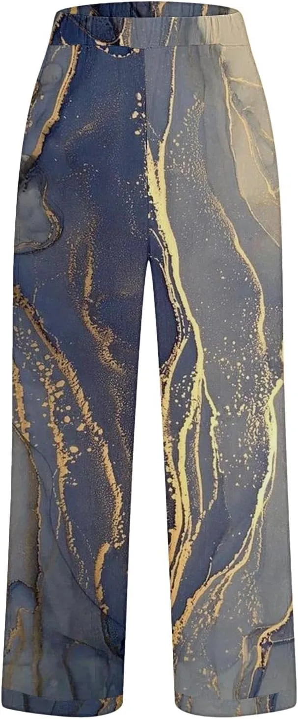 Women's Casual Boho Floral Printed Cotton Linen Pant Elastic Waisted Drawstring Summer Beach Baggy Capri with Pockets