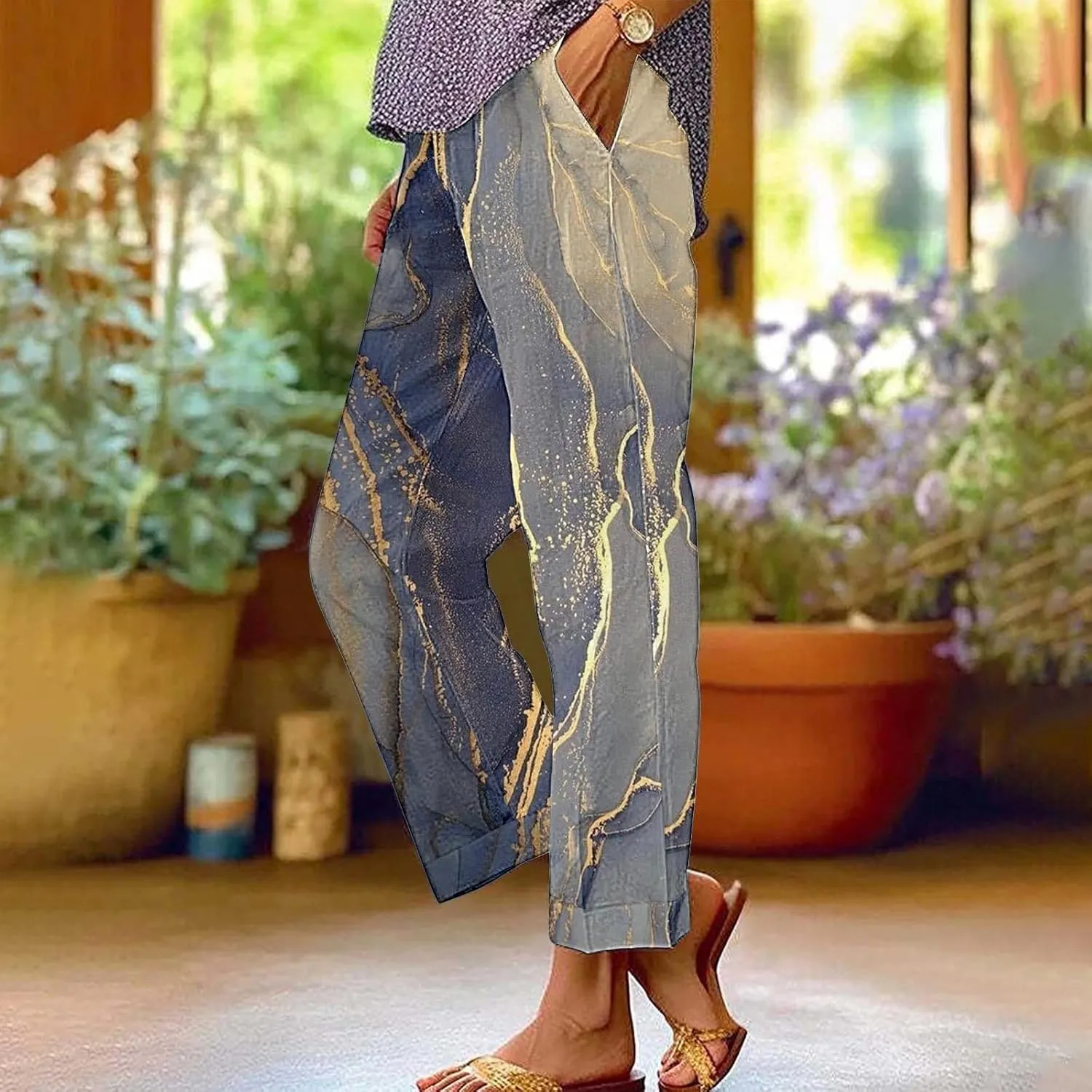Women's Casual Boho Floral Printed Cotton Linen Pant Elastic Waisted Drawstring Summer Beach Baggy Capri with Pockets