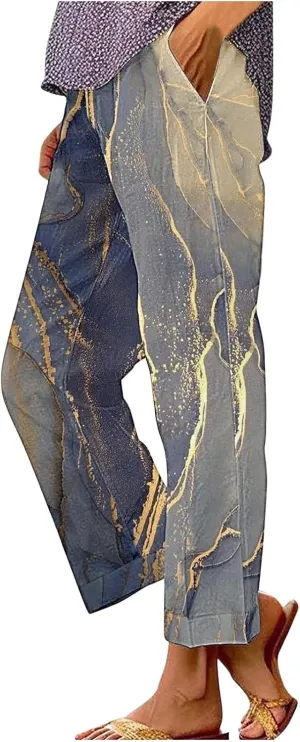 Women's Casual Boho Floral Printed Cotton Linen Pant Elastic Waisted Drawstring Summer Beach Baggy Capri with Pockets