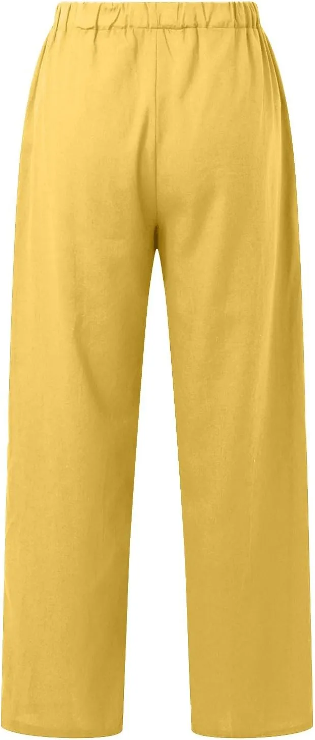 Womens Casual Cotton Linen Pants Lightweight Elastic Waist Pant Summer Beach Baggy Lounge Plain Drawstring Trousers