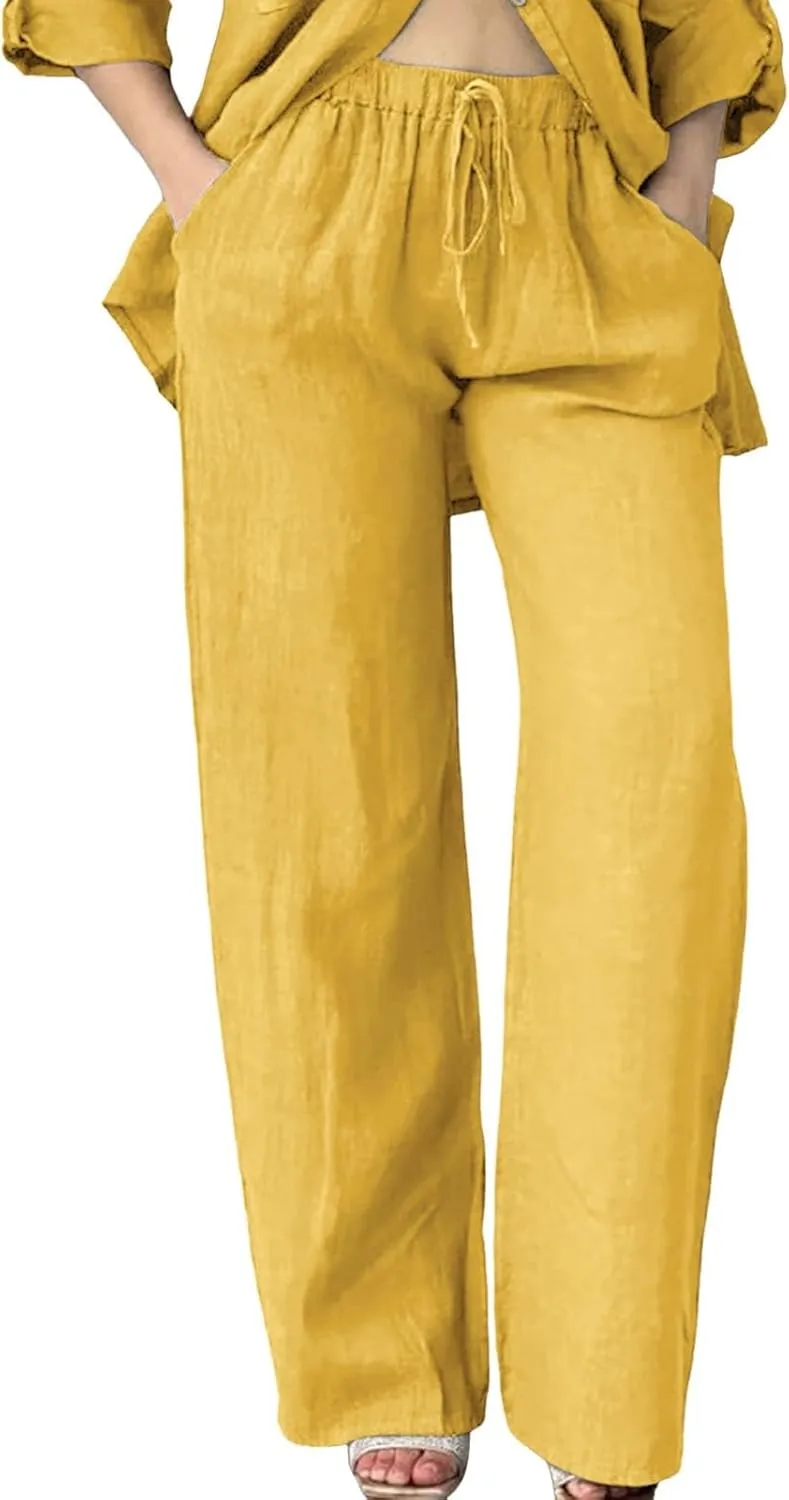 Womens Casual Cotton Linen Pants Lightweight Elastic Waist Pant Summer Beach Baggy Lounge Plain Drawstring Trousers