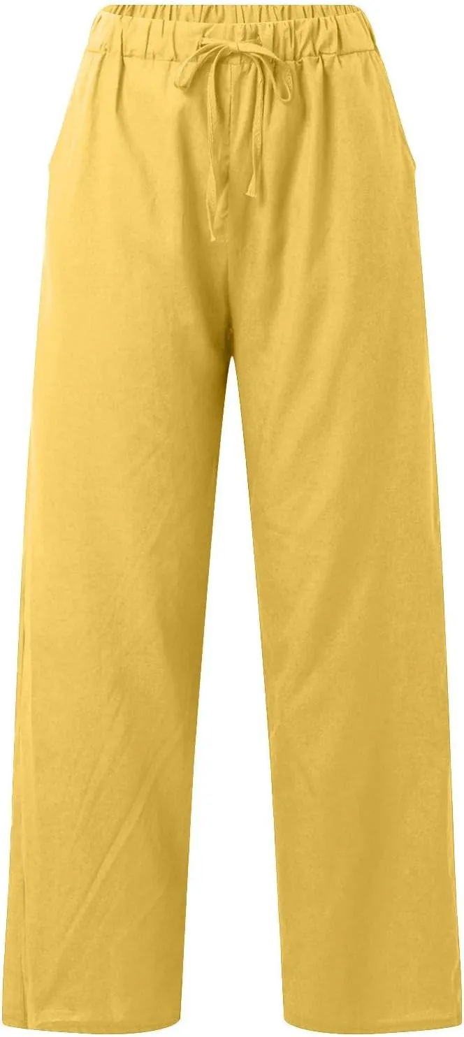 Womens Casual Cotton Linen Pants Lightweight Elastic Waist Pant Summer Beach Baggy Lounge Plain Drawstring Trousers