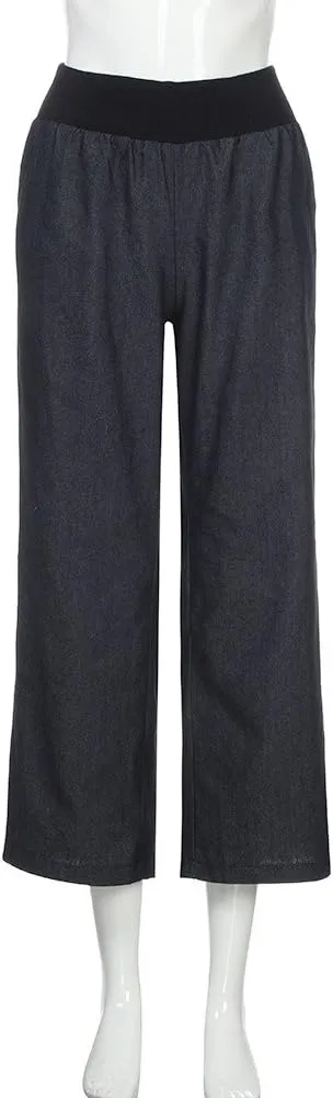 Womens Casual Pant 2024 Summer Trendy High Waist Fake Denim Wide Leg Palazzo Pants Lounge Jeans Trousers with Pocket